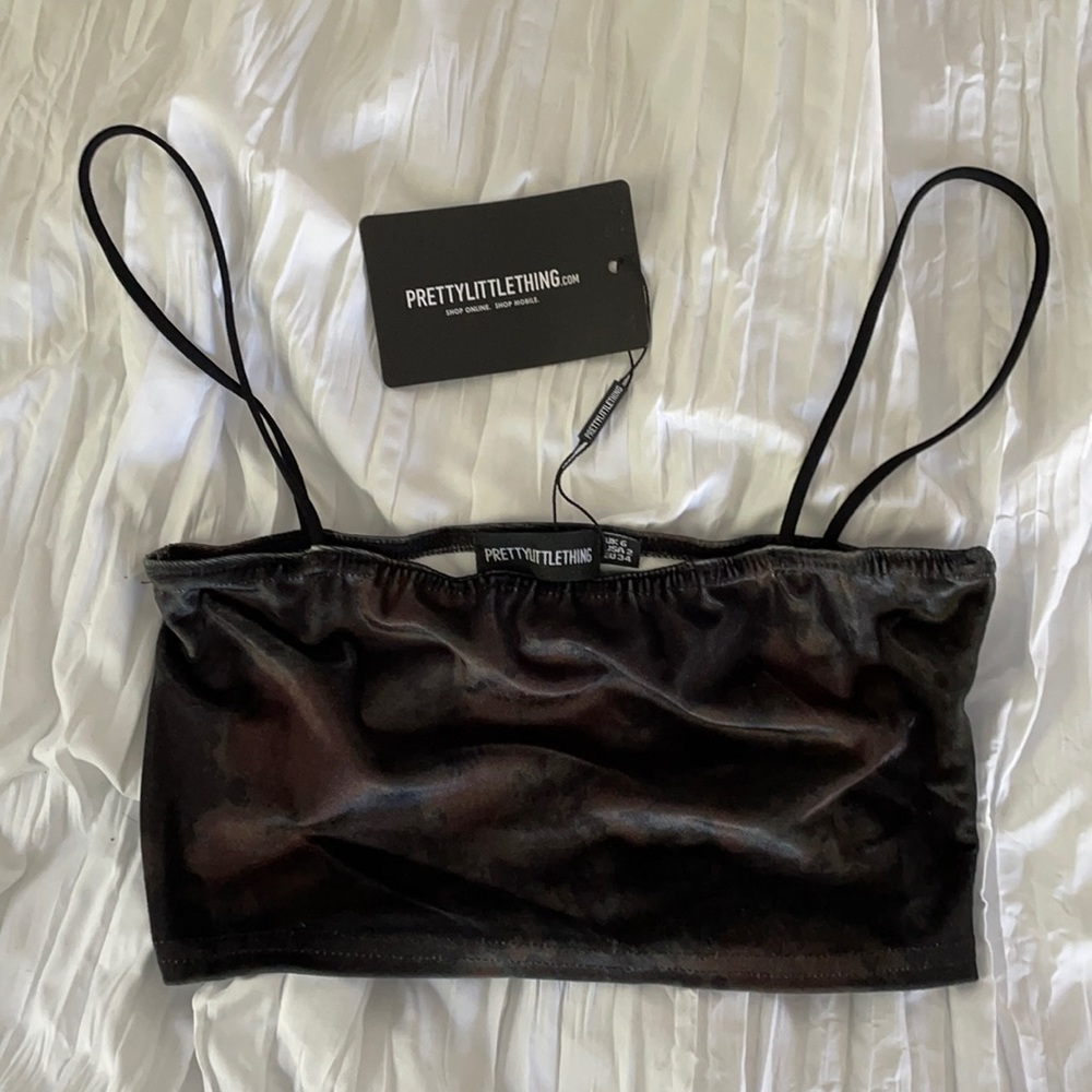 PLT Black Tie Dye Velvet Strappy Crop Top